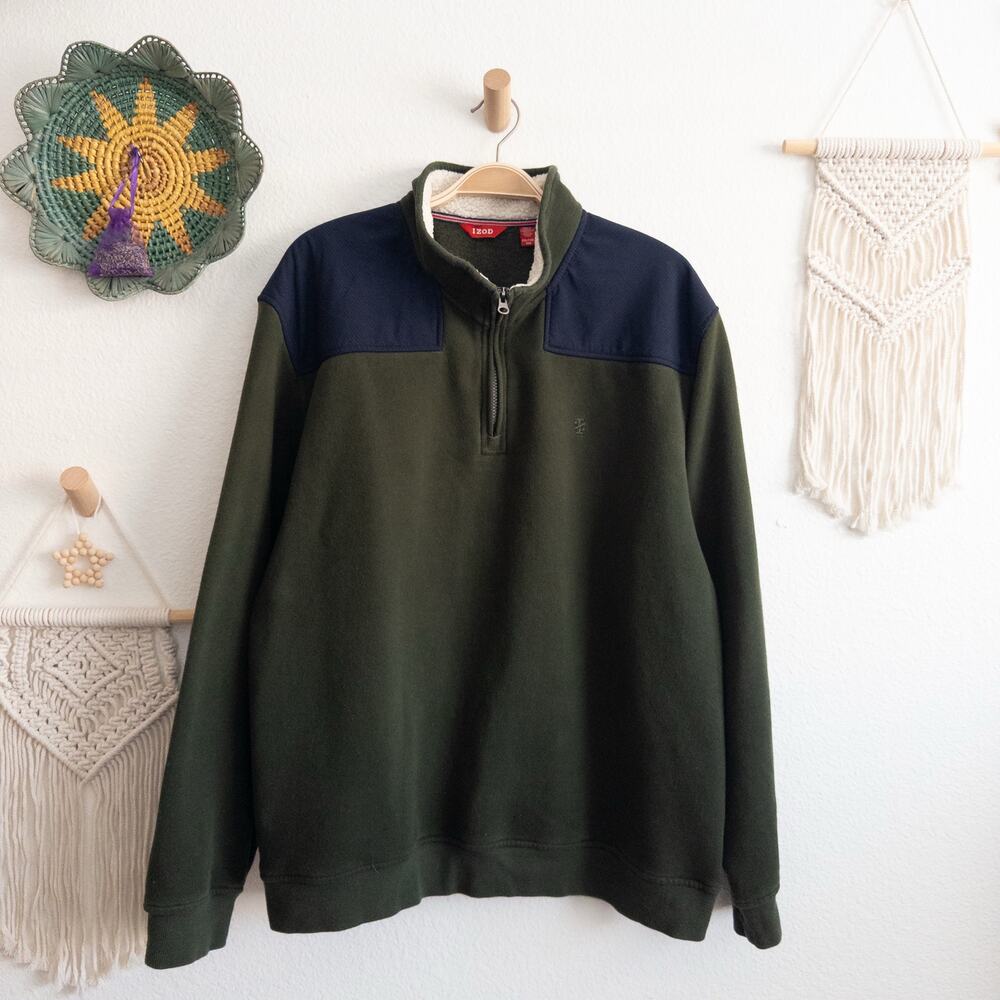 IZOD Sherpa Collar Quarter Zip Green and Blue Sweatshirt Size XXL